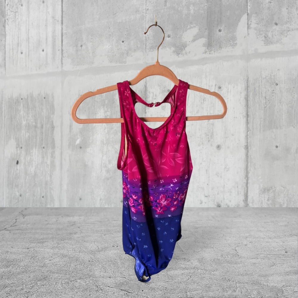 Lands End purple pink blue one piece swimsuit ombre floral racer back cutout m